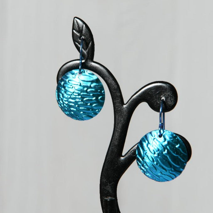 Turquoise Anodized Niobium Dangle Earrings with Fish School Pattern