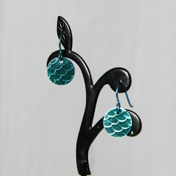 Aqua Blue Anodized Niobium Dangle Earrings with Scale Pattern