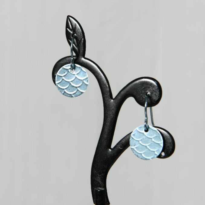 Pale Blue Anodized Niobium Dangle Earrings with Scale Pattern