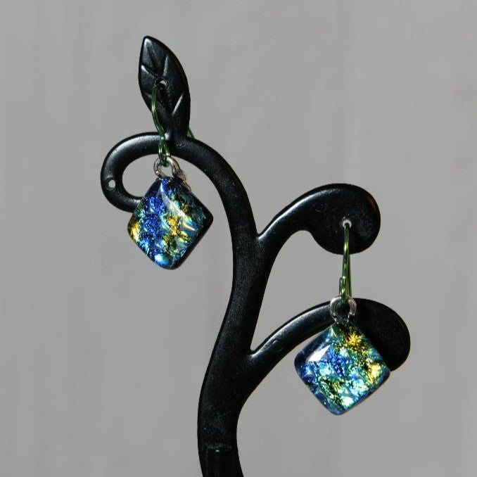 Blue and Green Scale Pattern Dichroic Glass Earrings