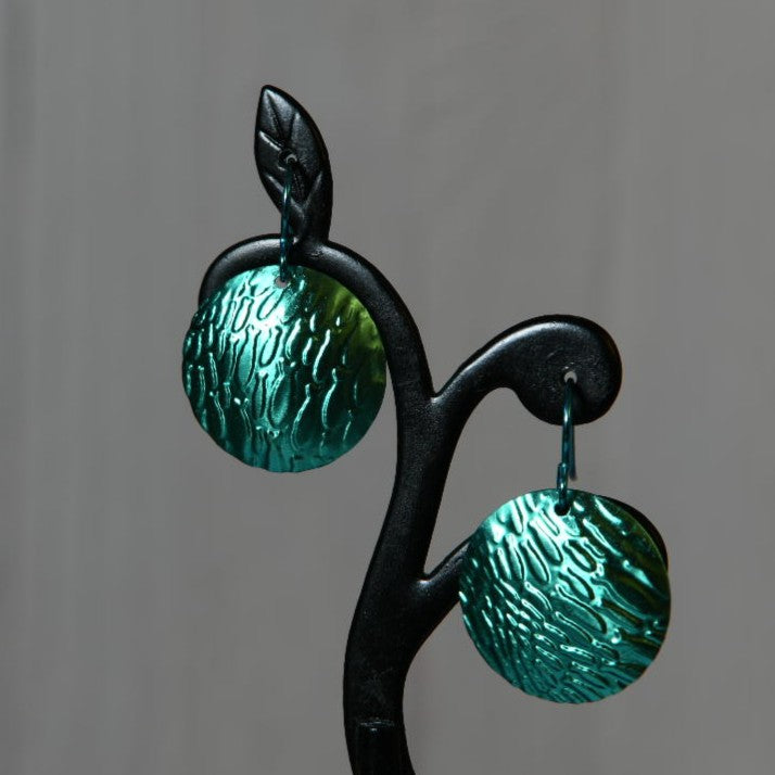 Aqua Blue Anodized Niobium Dangle Earrings with Fish School Pattern