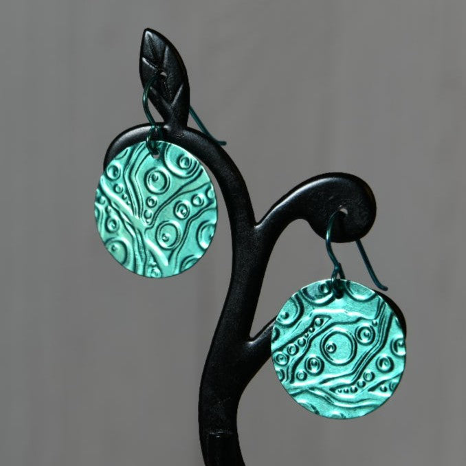 Aqua Blue Anodized Niobium Dangle Earrings with Bubble Pattern