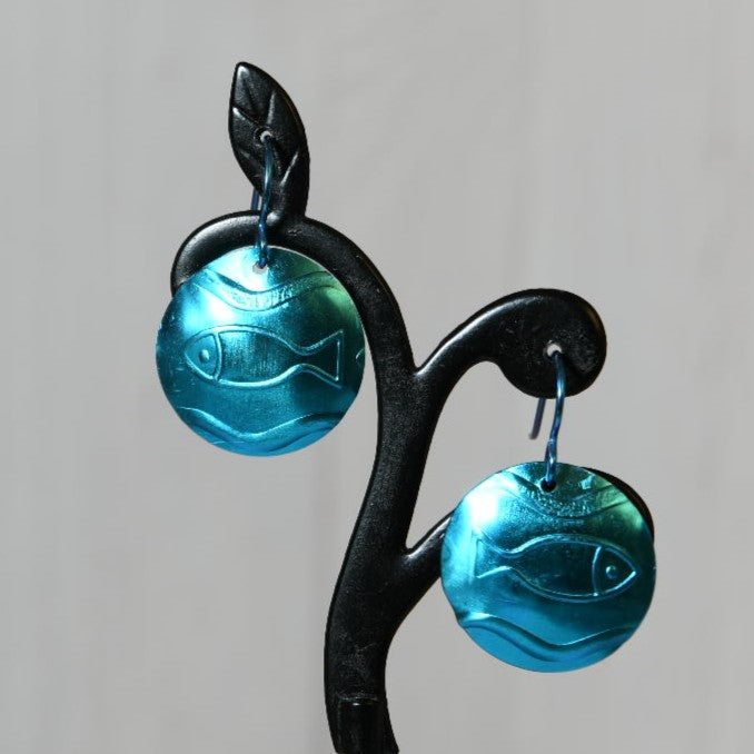 Turquoise Blue Anodized Niobium Dangle Earrings with Fish Pattern