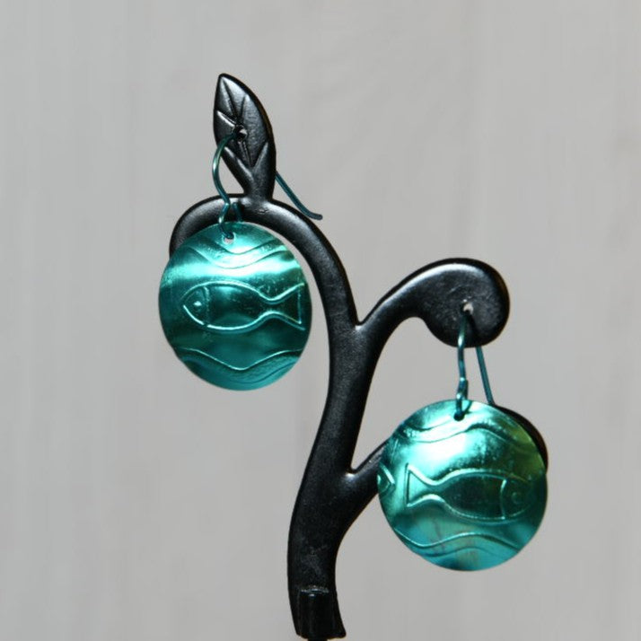 Aqua Blue Anodized Niobium Dangle Earrings with Fish Pattern
