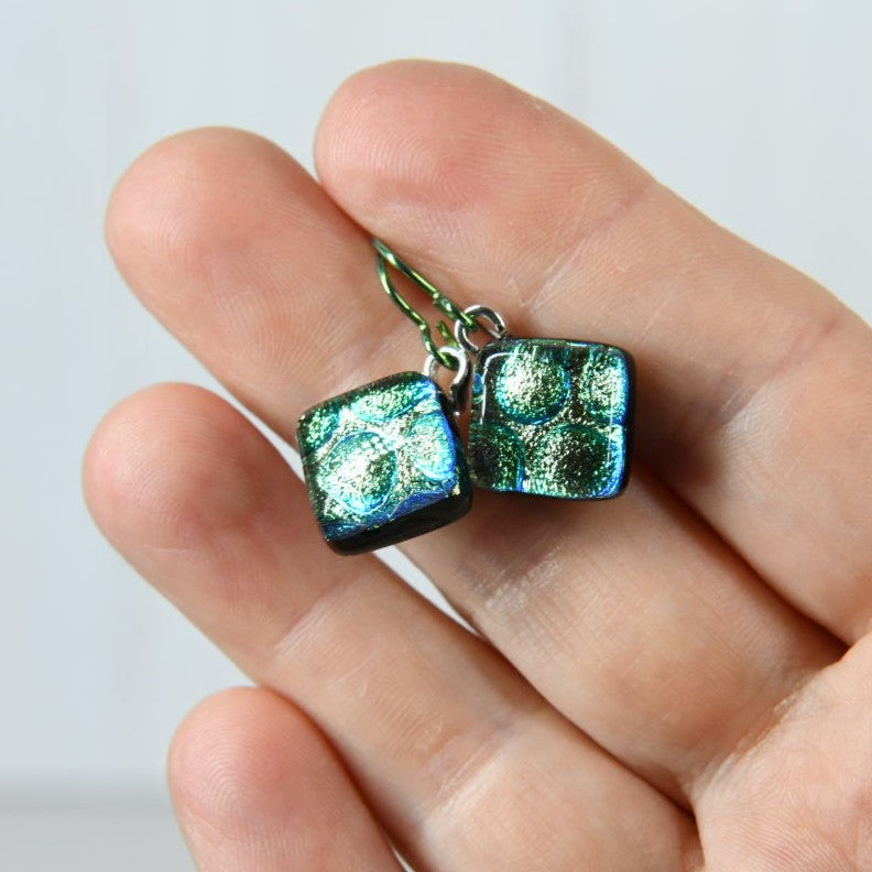 Aqua Green and Gold Dichroic Glass Bubble Earrings