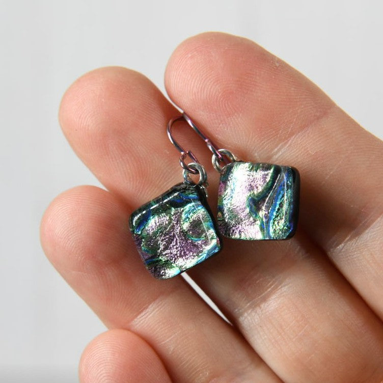 Pink Swirl Dichroic Glass Earrings