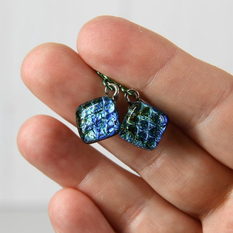 Blue Scale Pattern Dichroic Glass Earrings