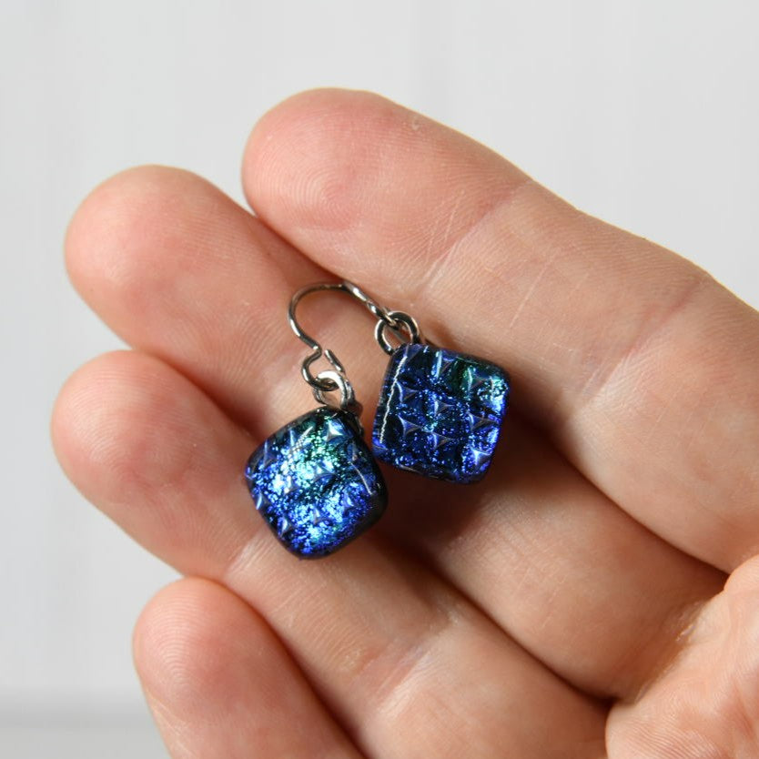 Blue Scale Pattern Dichroic Glass Earrings