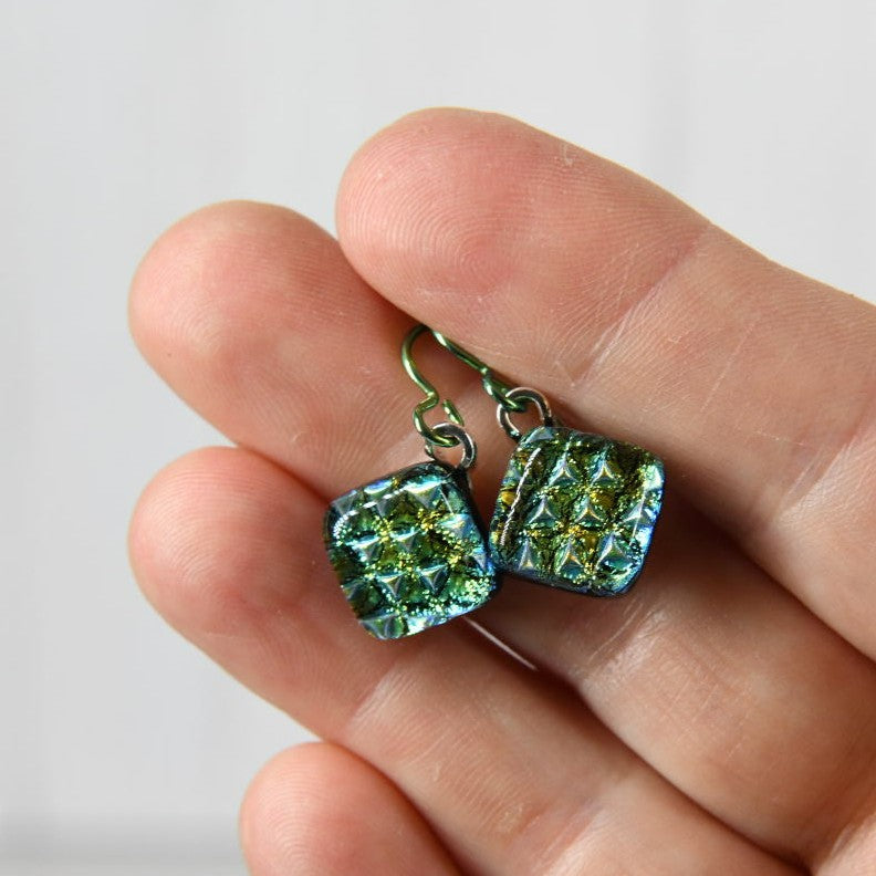 Yellow with Green Scale Pattern Dichroic Glass Earrings