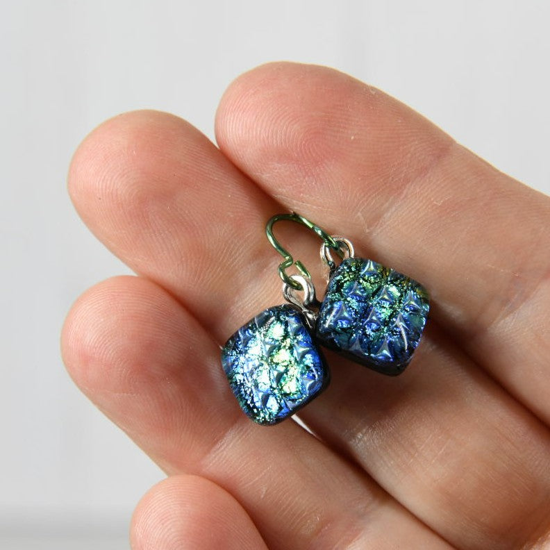 Blue and Green Scale Pattern Dichroic Glass Earrings