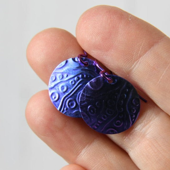 Blue Purple Anodized Niobium Dangle Earrings with Bubble Pattern