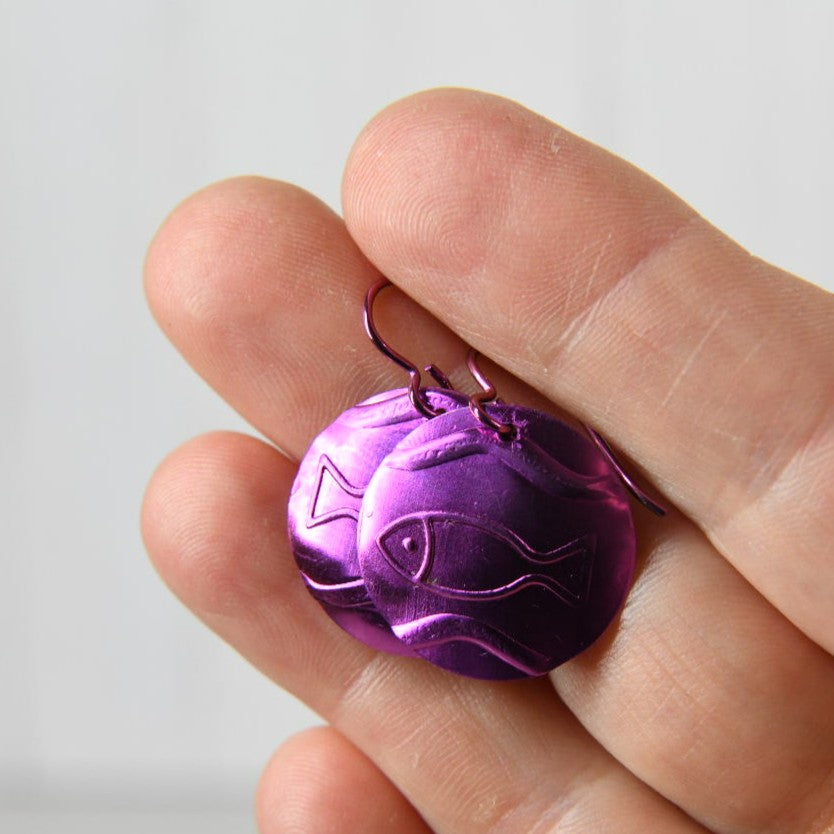 Pink Anodized Niobium Dangle Earrings with Fish Pattern