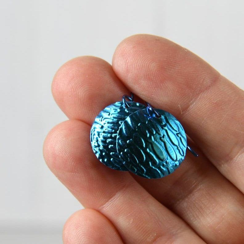 Turquoise Anodized Niobium Dangle Earrings with Fish School Pattern