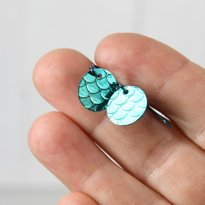 Aqua Blue Anodized Niobium Dangle Earrings with Scale Pattern
