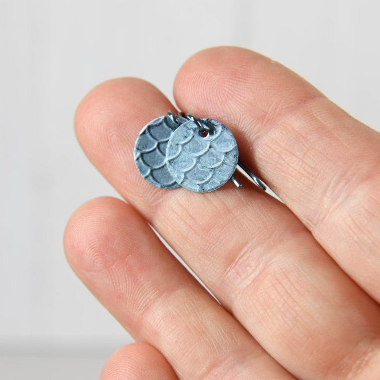 Pale Blue Anodized Niobium Dangle Earrings with Scale Pattern