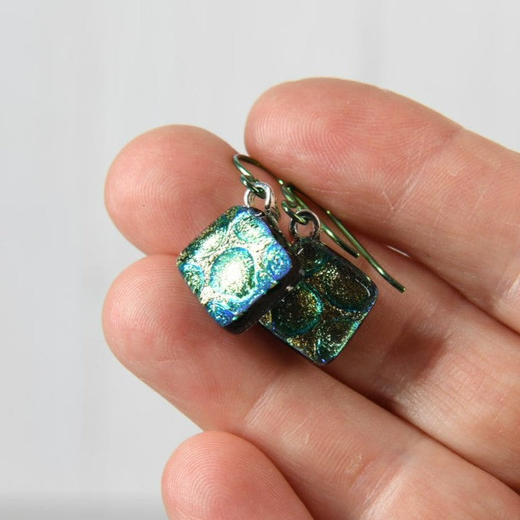 Aqua and Gold Dichroic Glass Bubble Earrings