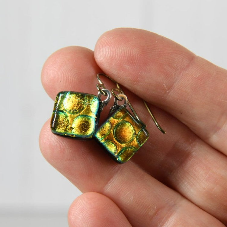 Green-ish Gold Dichroic Glass Bubble Earrings