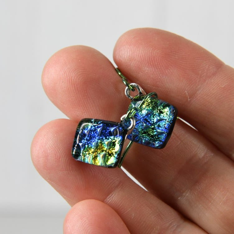 Blue and Green Scale Pattern Dichroic Glass Earrings