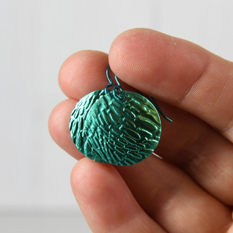 Aqua Blue Anodized Niobium Dangle Earrings with Fish School Pattern