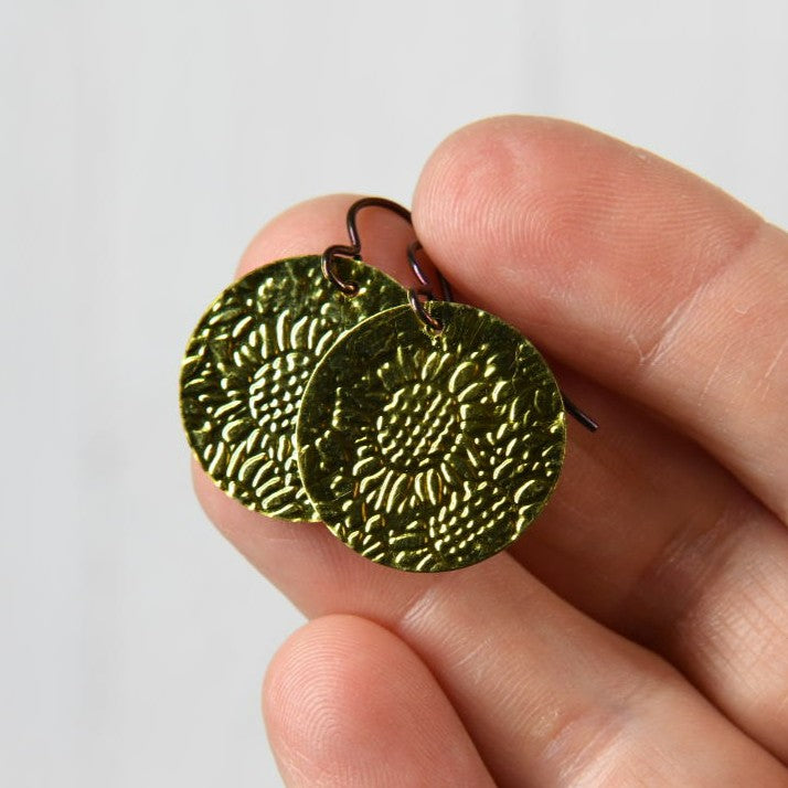 Yellow Anodized Niobium Dangle Earrings with Sunflower Pattern