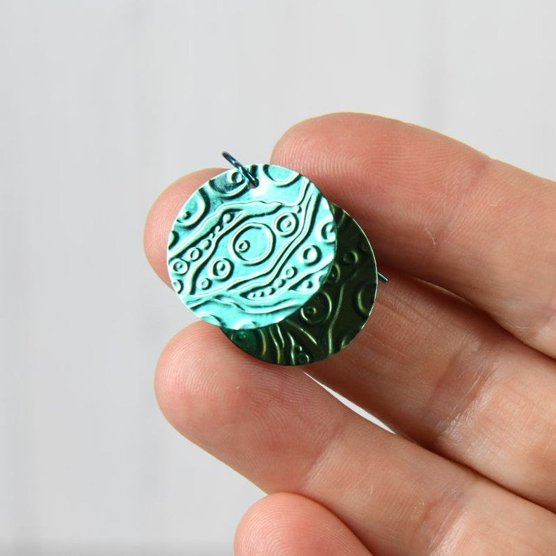 Aqua Blue Anodized Niobium Dangle Earrings with Bubble Pattern
