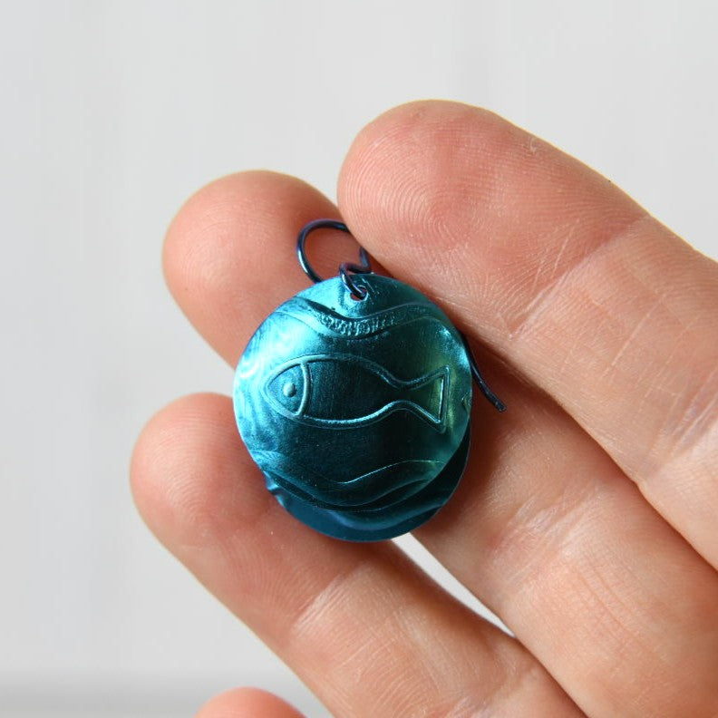 Turquoise Blue Anodized Niobium Dangle Earrings with Fish Pattern