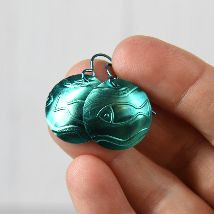 Aqua Blue Anodized Niobium Dangle Earrings with Fish Pattern