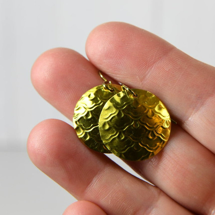 Yellow Anodized Niobium Dangle Earrings with Scale Pattern