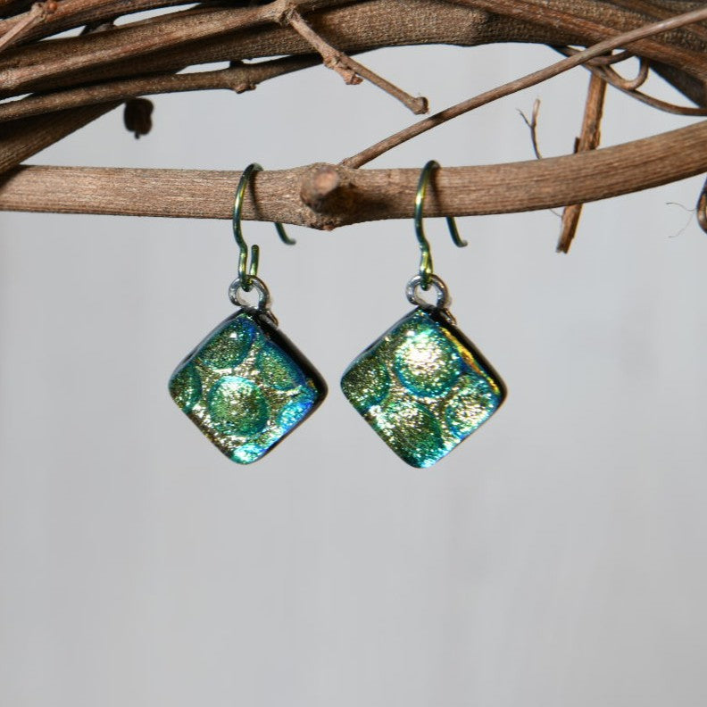 Aqua Green and Gold Dichroic Glass Bubble Earrings