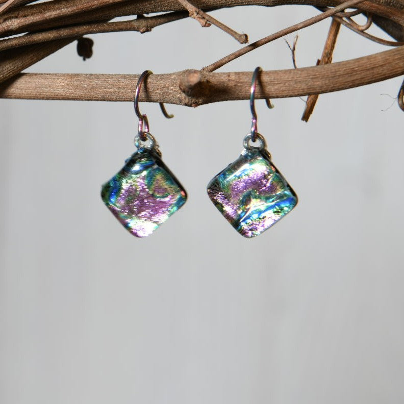 Pink Swirl Dichroic Glass Earrings