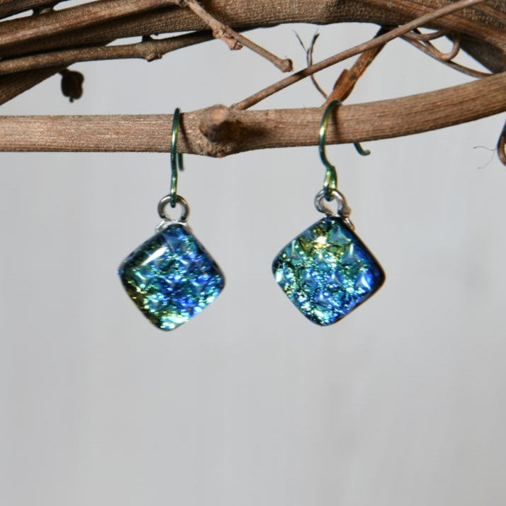 Blue Scale Pattern Dichroic Glass Earrings