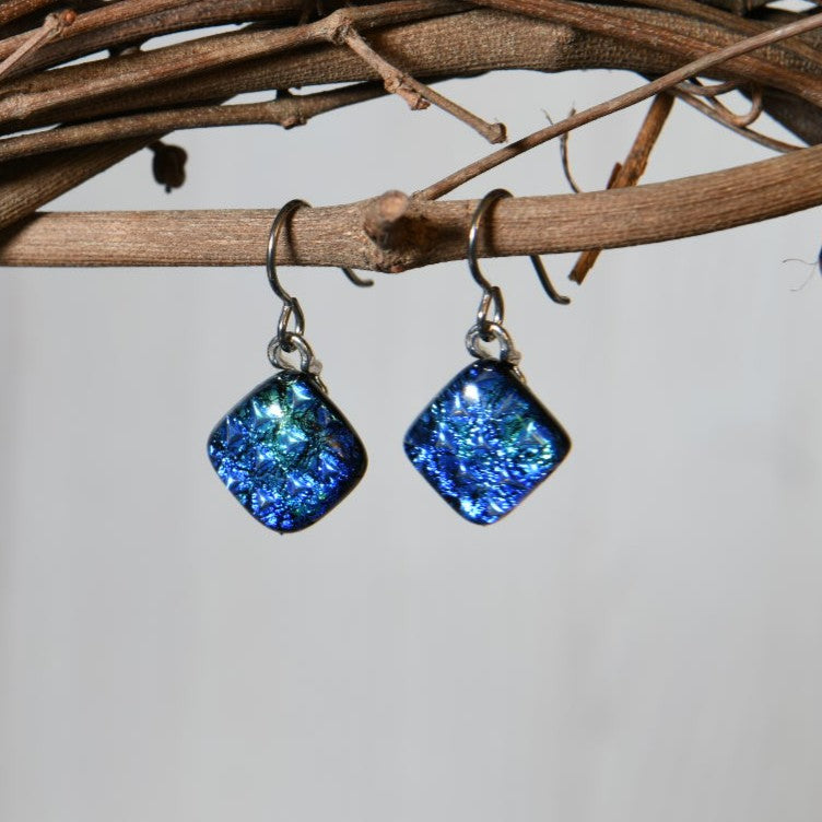 Blue Scale Pattern Dichroic Glass Earrings
