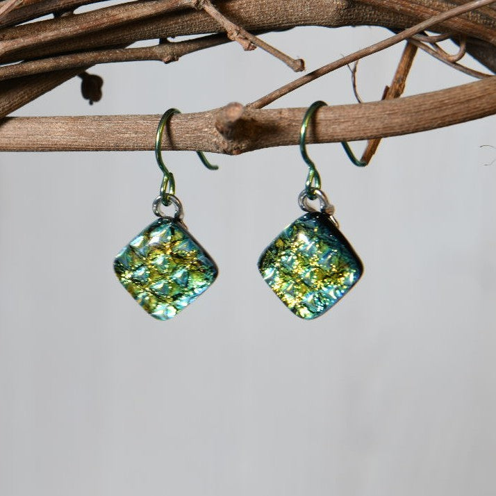 Yellow with Green Scale Pattern Dichroic Glass Earrings