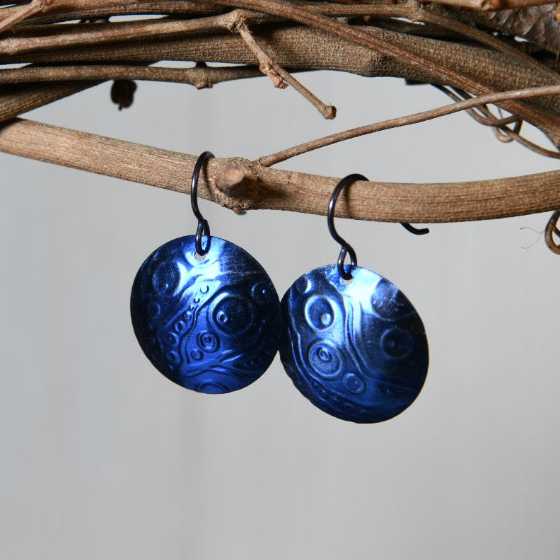 Blue Anodized Niobium Dangle Earrings with Bubble Pattern