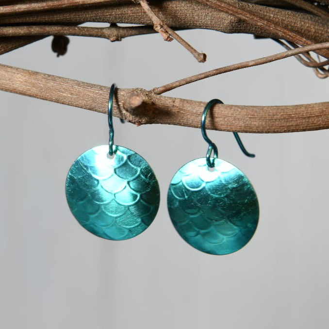 Aqua Blue Anodized Niobium Dangle Earrings with Scale Pattern