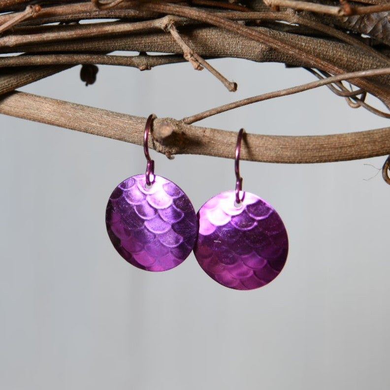 Bright Pink Anodized Niobium Dangle Earrings with Scale Pattern