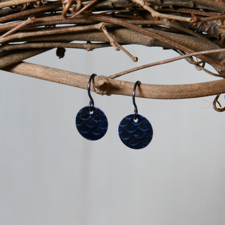 Dark Blue Anodized Niobium Dangle Earrings with Scale Pattern