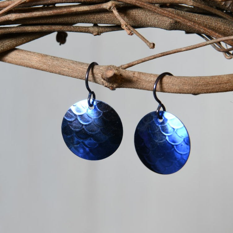 Dark Blue Anodized Niobium Dangle Earrings with Scale Pattern