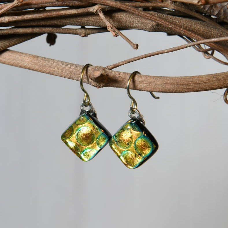 Green-ish Gold Dichroic Glass Bubble Earrings