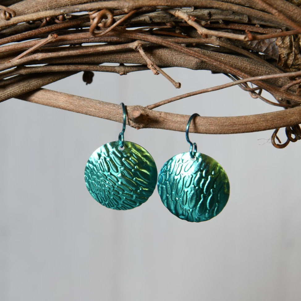 Aqua Blue Anodized Niobium Dangle Earrings with Fish School Pattern