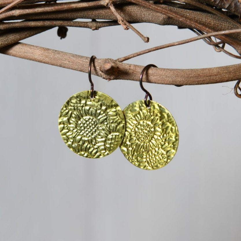 Yellow Anodized Niobium Dangle Earrings with Sunflower Pattern