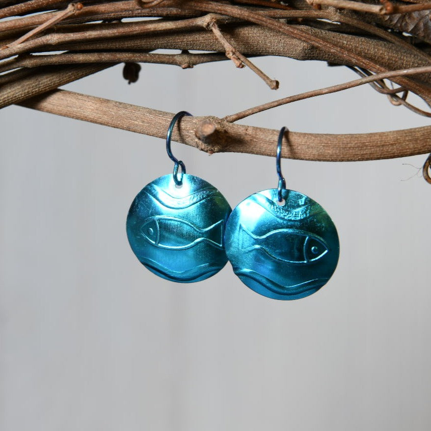 Turquoise Blue Anodized Niobium Dangle Earrings with Fish Pattern