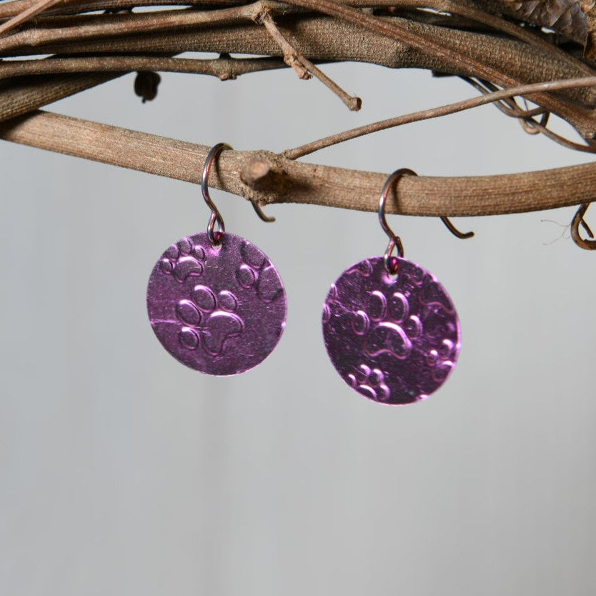 Bright Pink Anodized Niobium Dangle Earrings with Pawprint Pattern