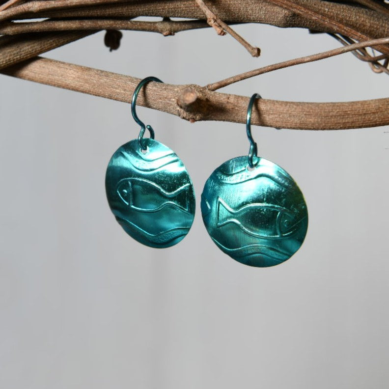 Aqua Blue Anodized Niobium Dangle Earrings with Fish Pattern