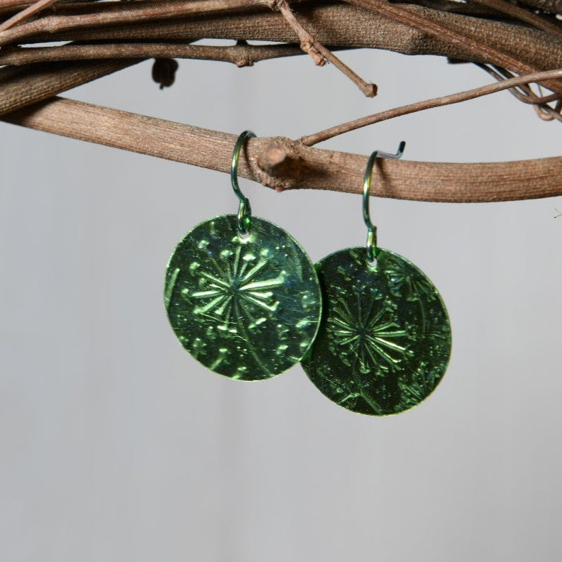 Light Green Anodized Niobium Dangle Earrings with Dandelion Pattern