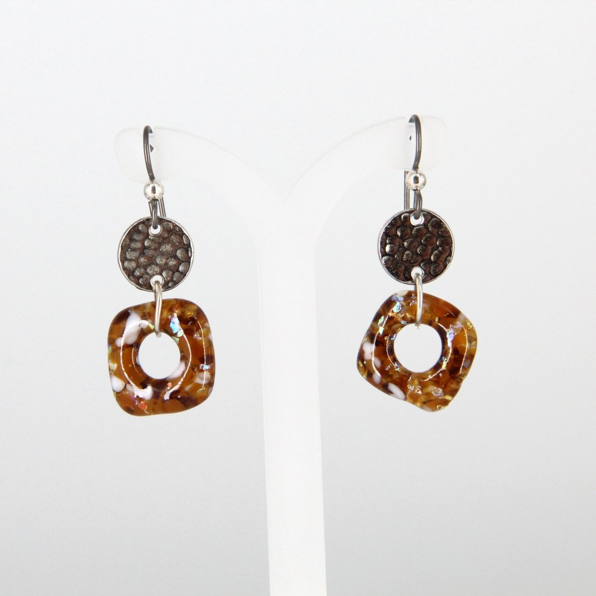 Amber-Colored Glass Earrings with Silver Accents