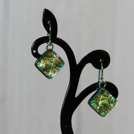 Aqua and Gold Dichroic Glass Bubble Earrings
