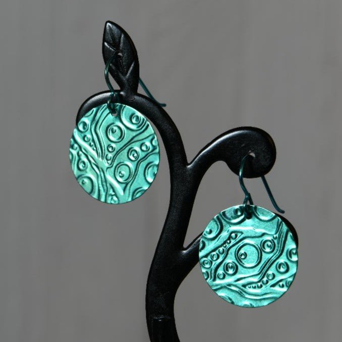 Aqua Blue Anodized Niobium Dangle Earrings with Bubble Pattern