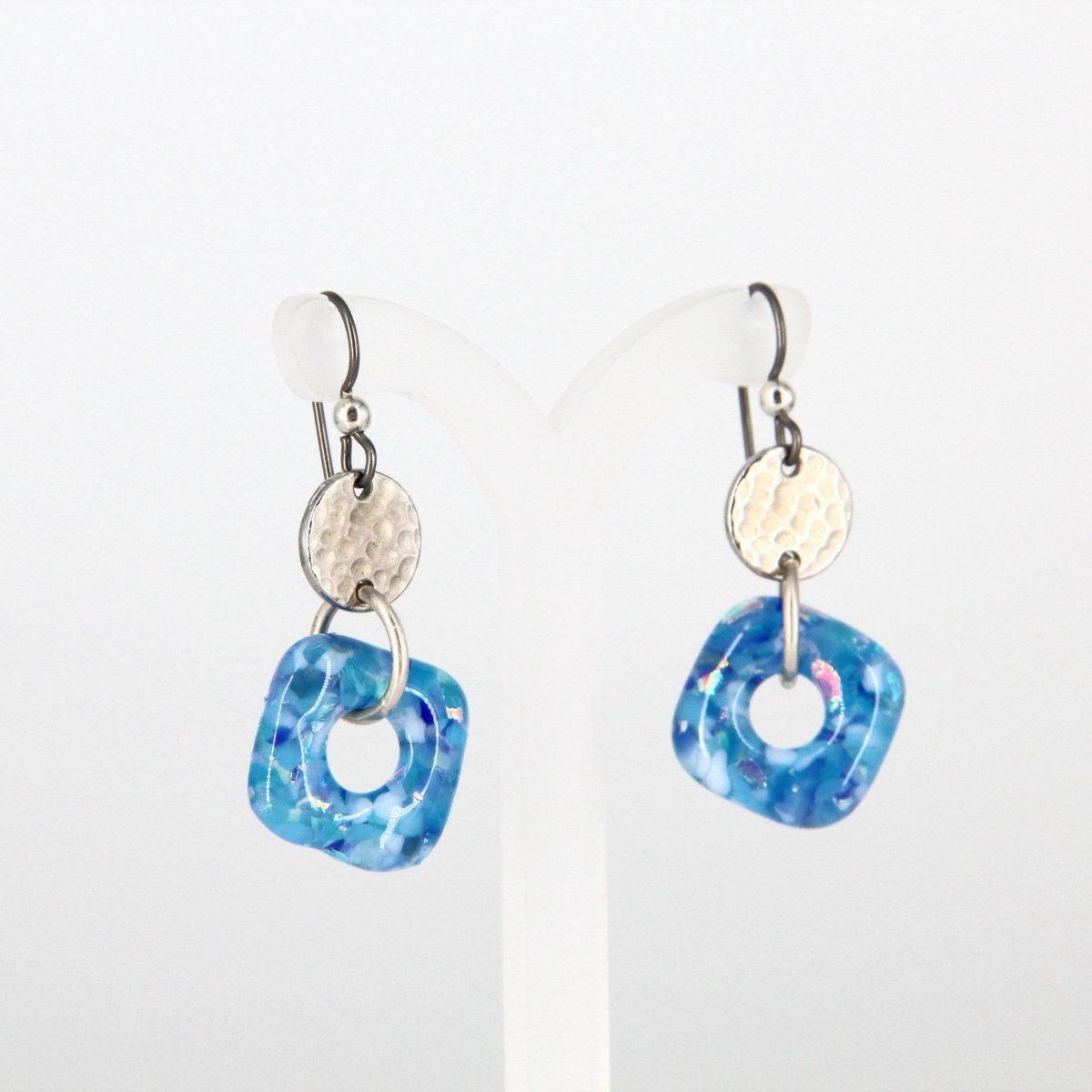 Aqua Glass Earrings with Silver Accents