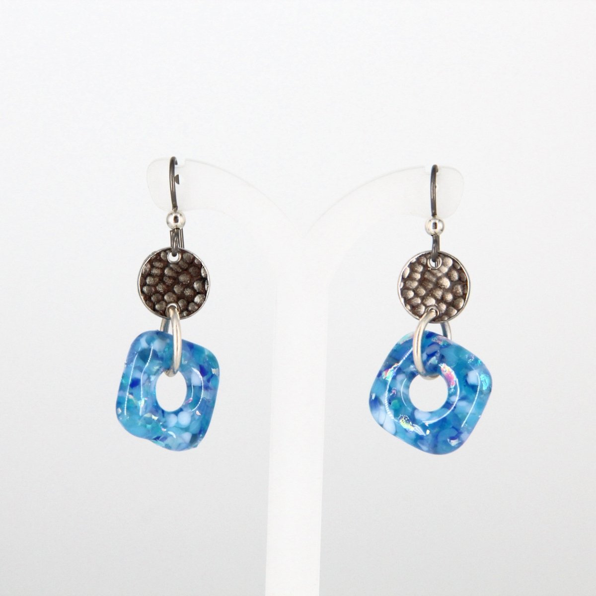 Aqua Glass Earrings with Silver Accents